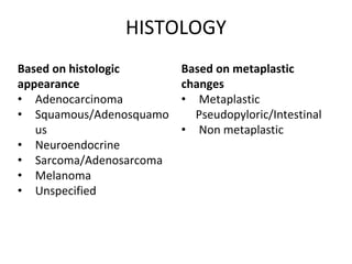 HISTOLOGY
Based on histologic
appearance
• Adenocarcinoma
• Squamous/Adenosquamo
us
• Neuroendocrine
• Sarcoma/Adenosarcoma
• Melanoma
• Unspecified
Based on metaplastic
changes
• Metaplastic
Pseudopyloric/Intestinal
• Non metaplastic
 