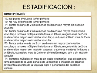 -TX: No puede evaluarse tumor primario
-T0: No hay evidencia de tumor primario
-T1: Tumor solitario de 2 cm o menos en dimensión mayor sin invasión
vascular
-T2: Tumor solitario de 2 cm o menos en dimensión mayor con invasión
vascular; o tumores múltiples limitados a un lóbulo, ninguno más de 2 cm
en dimensión mayor sin invasión vascular; o un tumor solitario más de 2 cm
en dimensión mayor sin invasión vascular
-T3: Tumor solitario más de 2 cm en dimensión mayor con invasión
vascular; o tumores múltiples limitados a un lóbulo, ninguno más de 2 cm
en dimensión mayor, con invasión vascular; o tumores múltiples limitados a
un lóbulo, cualquiera más de 2 cm en dimensión mayor, con o sin invasión
vascular
-T4: Tumores múltiples en más de un lóbulo o tumor(es) que afectan una
rama principal de la vena portal o de la hepática o invasión de órganos
adyacentes además de la vesícula biliar o perforación del peritoneo
visceral.
TUMOR PRIMARIO
ESTADIFICACION :
 