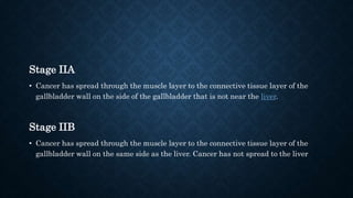 Stage IIA
• Cancer has spread through the muscle layer to the connective tissue layer of the
gallbladder wall on the side of the gallbladder that is not near the liver.
Stage IIB
• Cancer has spread through the muscle layer to the connective tissue layer of the
gallbladder wall on the same side as the liver. Cancer has not spread to the liver
 