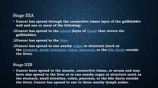 Stage IIIA
• Cancer has spread through the connective tissue layer of the gallbladder
wall and one or more of the following:-
Cancer has spread to the serosa (layer of tissue that covers the
gallbladder).
Cancer has spread to the liver.
Cancer has spread to one nearby organ or structure (such as
the stomach, small intestine, colon, pancreas, or the bile ducts outside
the liver).
Stage IIIB
• Cancer have spread to the muscle, connective tissue, or serosa and may
have also spread to the liver or to one nearby organ or structure (such as
the stomach, small intestine, colon, pancreas, or the bile ducts outside
the liver). Cancer has spread to one to three nearby lymph nodes.
 