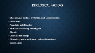 ETIOLOGICAL FACTORS
• Chronic gall bladder irritation and inflammation
• Gallstones
• Porcelain gall bladder
• Primary sclerosing cholangitis
• Obesity
• Gall bladder polyps
• Chronic typhoid and para typhoid infections
• Carcinogens
 