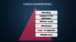 CLINICAL MANIFESTAIONS….
Bloating.
Lumps in the
abdomen.
Bilious vomit
Weakness
Loss of appetite
Weight loss
 