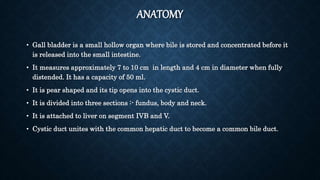 ANATOMY
• Gall bladder is a small hollow organ where bile is stored and concentrated before it
is released into the small intestine.
• It measures approximately 7 to 10 cm in length and 4 cm in diameter when fully
distended. It has a capacity of 50 ml.
• It is pear shaped and its tip opens into the cystic duct.
• It is divided into three sections :- fundus, body and neck.
• It is attached to liver on segment IVB and V.
• Cystic duct unites with the common hepatic duct to become a common bile duct.
 