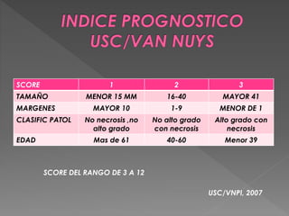SCORE 1 2 3
TAMAÑO MENOR 15 MM 16-40 MAYOR 41
MARGENES MAYOR 10 1-9 MENOR DE 1
CLASIFIC PATOL No necrosis ,no
alto grado
No alto grado
con necrosis
Alto grado con
necrosis
EDAD Mas de 61 40-60 Menor 39
USC/VNPI, 2007
SCORE DEL RANGO DE 3 A 12
 