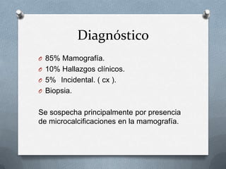 Diagnóstico85% Mamografía.10% Hallazgos clínicos.5% Incidental. ( cx ).Biopsia.Se sospecha principalmente por presencia de microcalcificaciones en la mamografía.
