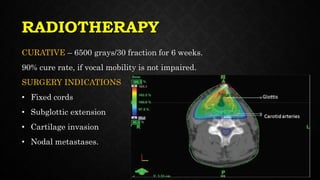 RADIOTHERAPY
CURATIVE – 6500 grays/30 fraction for 6 weeks.
90% cure rate, if vocal mobility is not impaired.
SURGERY INDICATIONS
• Fixed cords
• Subglottic extension
• Cartilage invasion
• Nodal metastases.
 