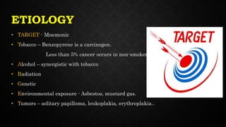 ETIOLOGY
• TARGET - Mnemonic
• Tobacco – Benzopyrene is a carcinogen.
Less than 5% cancer occurs in non-smoker
• Alcohol – synergistic with tobacco
• Radiation
• Genetic
• Environmental exposure - Asbestos, mustard gas.
• Tumors – solitary papilloma, leukoplakia, erythroplakia..
 