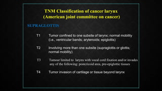 TNM Classification of cancer larynx
(American joint committee on cancer)
SUPRAGLOTTIS
T1 Tumor confined to one subsite of larynx; normal mobility
(i.e., ventricular bands; arytenoids; epiglottis)
T2 Involving more than one subsite (supraglottis or glottis;
normal mobility)
T3 Tumour limited to larynx with vocal cord fixation and/or invades
any of the following: postcricoid area, pre-epiglottic tissues
T4 Tumor invasion of cartilage or tissue beyond larynx
 