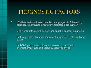 PROGNOSTIC FACTORS
•    Epidermoid carcinoma has the best prognosis followed by
    adenocarcinoma and undifferentiated large cell cancer

•   Undifferentiated small cell cancer has the poorest prognosis

•   In Lung cancer the most important prognostic factor is tumor
    stage

•   In SCLC pure cell carcinomas are more sensitive to
    chemotherapy and radiotherapy than variant cell.
 