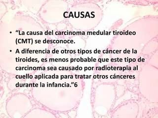 CAUSAS“La causa del carcinoma medular tiroideo (CMT) se desconoce.A diferencia de otros tipos de cáncer de la tiroides, es menos probable que este tipo de carcinoma sea causado por radioterapia al cuello aplicada para tratar otros cánceres durante la infancia.”6