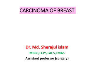 CARCINOMA OF BREAST
Dr. Md. Sherajul islam
MBBS,FCPS,FACS,FMAS
Assistant professor (surgery)
 