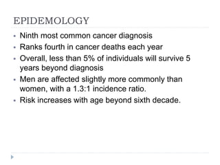 EPIDEMOLOGY
 Ninth most common cancer diagnosis
 Ranks fourth in cancer deaths each year
 Overall, less than 5% of individuals will survive 5
years beyond diagnosis
 Men are affected slightly more commonly than
women, with a 1.3:1 incidence ratio.
 Risk increases with age beyond sixth decade.
 