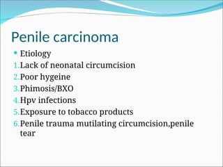Penile carcinoma
 Etiology
1.Lack of neonatal circumcision
2.Poor hygeine
3.Phimosis/BXO
4.Hpv infections
5.Exposure to tobacco products
6.Penile trauma mutilating circumcision,penile
tear
 