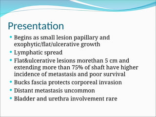 Presentation
 Begins as small lesion papillary and
exophytic/flat/ulcerative growth
 Lymphatic spread
 Flat&ulcerative lesions morethan 5 cm and
extending more than 75% of shaft have higher
incidence of metastasis and poor survival
 Bucks fascia protects corporeal invasion
 Distant metastasis uncommon
 Bladder and urethra involvement rare
 
