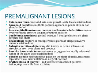 PREMALIGNANT LESIONS
 Cutaneous Horn-rare solid skin over growth ,wide local excision done
 Bowenoid papulosis-multiple papules appears on penile skin or flat
glanular lesion
 Pseusoepitheliomatous micaceous and kerototic balanitits-unusual
hyperkeratotic growths on glans requires excision
 Condyloma acuminata- genital warts,soft multiple lesions on glans
prepuce and shaft
 Leukoplakia-solitary or multiple whitis glanular plaques involve
metus ,excision done
 Balanitis xerotica obliterans- also known as lichen sclerosus et
atrophicus seen over glans and prepuce
 Buschke lowenstein tumor-verucous ca ,aggressive locally advanced
tumor of the glans wide excision done
 Bowens disease-red cutaneous patch on the shaft of penis ,treatment
topical 5 FU,co2 laser ablation or surgical excision
 Erythroplasia of queyrat – red velvet circumscribed painless
lesion ,requires wide local excision
 