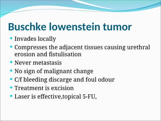 Buschke lowenstein tumor
 Invades locally
 Compresses the adjacent tissues causing urethral
erosion and fistulisation
 Never metastasis
 No sign of malignant change
 C/f bleeding discarge and foul odour
 Treatment is excision
 Laser is effective,topical 5-FU,
 