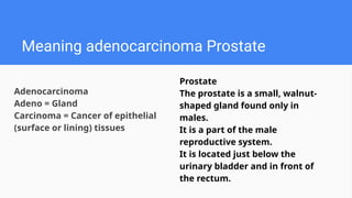 Adenocarcinoma
Adeno = Gland
Carcinoma = Cancer of epithelial
(surface or lining) tissues
Meaning adenocarcinoma Prostate
Prostate
The prostate is a small, walnut-
shaped gland found only in
males.
It is a part of the male
reproductive system.
It is located just below the
urinary bladder and in front of
the rectum.
 