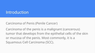 Introduction
Carcinoma of Penis (Penile Cancer)
Carcinoma of the penis is a malignant (cancerous)
tumor that develops from the epithelial cells of the skin
or mucosa of the penis. Most commonly, it is a
Squamous Cell Carcinoma (SCC).
 