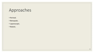 Approaches
• Perineal.
• Retropubic.
• Laparoscopic.
• Robotic.
48
 