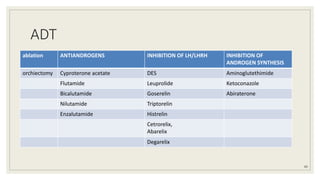 ADT
ablation ANTIANDROGENS INHIBITION OF LH/LHRH INHIBITION OF
ANDROGEN SYNTHESIS
orchiectomy Cyproterone acetate DES Aminoglutethimide
Flutamide Leuprolide Ketoconazole
Bicalutamide Goserelin Abiraterone
Nilutamide Triptorelin
Enzalutamide Histrelin
Cetrorelix,
Abarelix
Degarelix
89
 