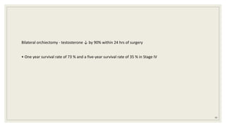 Bilateral orchiectomy - testosterone ↓ by 90% within 24 hrs of surgery
• One year survival rate of 73 % and a five-year survival rate of 35 % in Stage IV
90
 