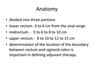 Anatomy  divided into three portions  lower rectum -3 to 6 cm from the anal verge midrectum -  5 to 6 to 8 to 10 cm upper rectum -  8 to 10 to 12 to 15 cm determination of the location of the boundary between rectum and sigmoid colon is important in defining adjuvant therapy 