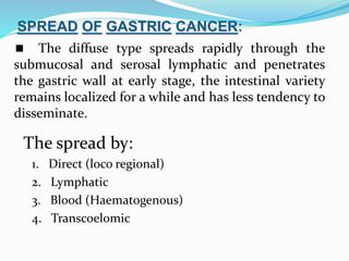 SPREAD OF GASTRIC CANCER:
 The diffuse type spreads rapidly through the
submucosal and serosal lymphatic and penetrates
the gastric wall at early stage, the intestinal variety
remains localized for a while and has less tendency to
disseminate.
The spread by:
1. Direct (loco regional)
2. Lymphatic
3. Blood (Haematogenous)
4. Transcoelomic
 