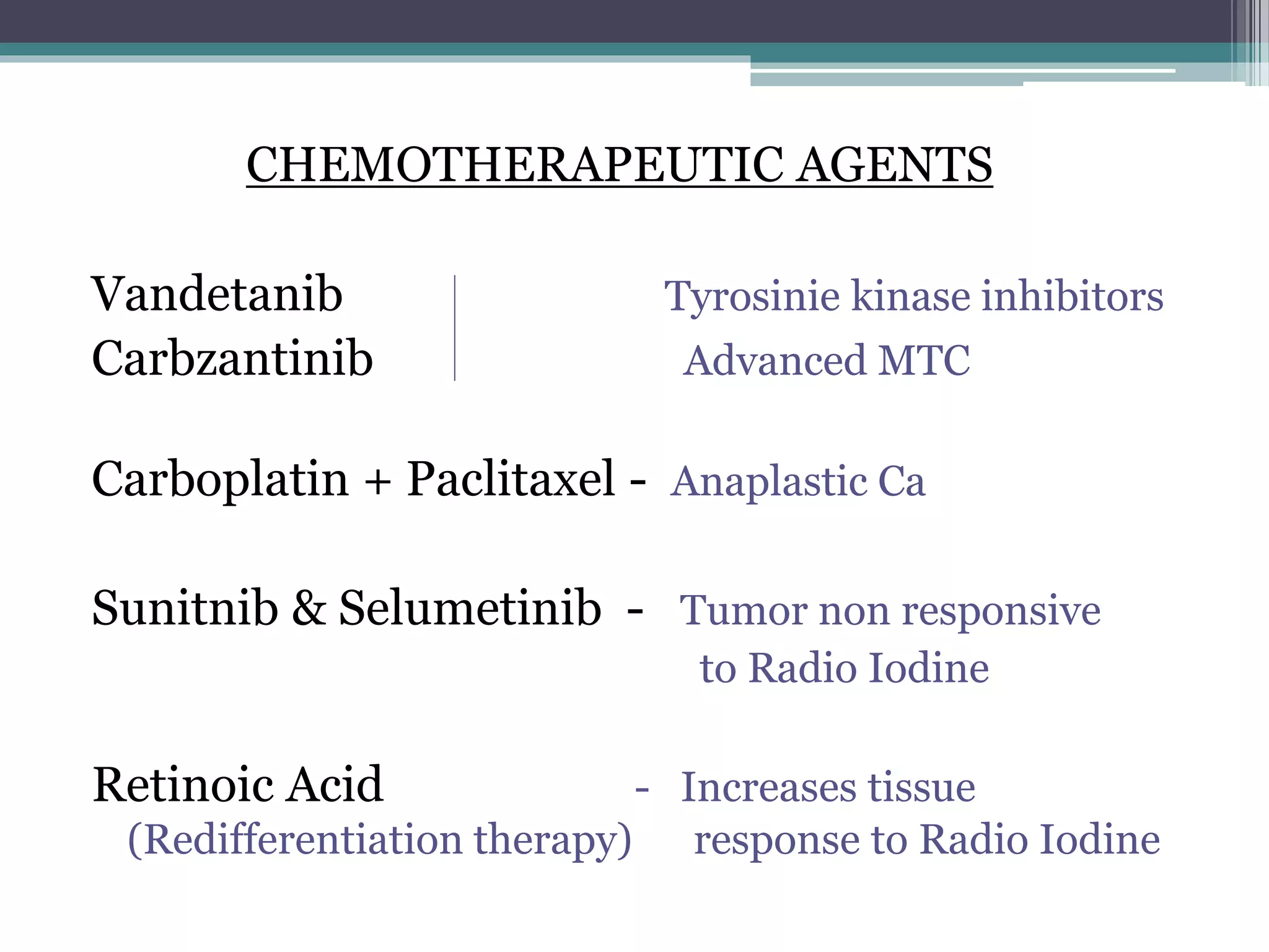 CHEMOTHERAPEUTIC AGENTS
Vandetanib Tyrosinie kinase inhibitors
Carbzantinib Advanced MTC
Carboplatin + Paclitaxel - Anaplastic Ca
Sunitnib & Selumetinib - Tumor non responsive
to Radio Iodine
Retinoic Acid - Increases tissue
(Redifferentiation therapy) response to Radio Iodine
 