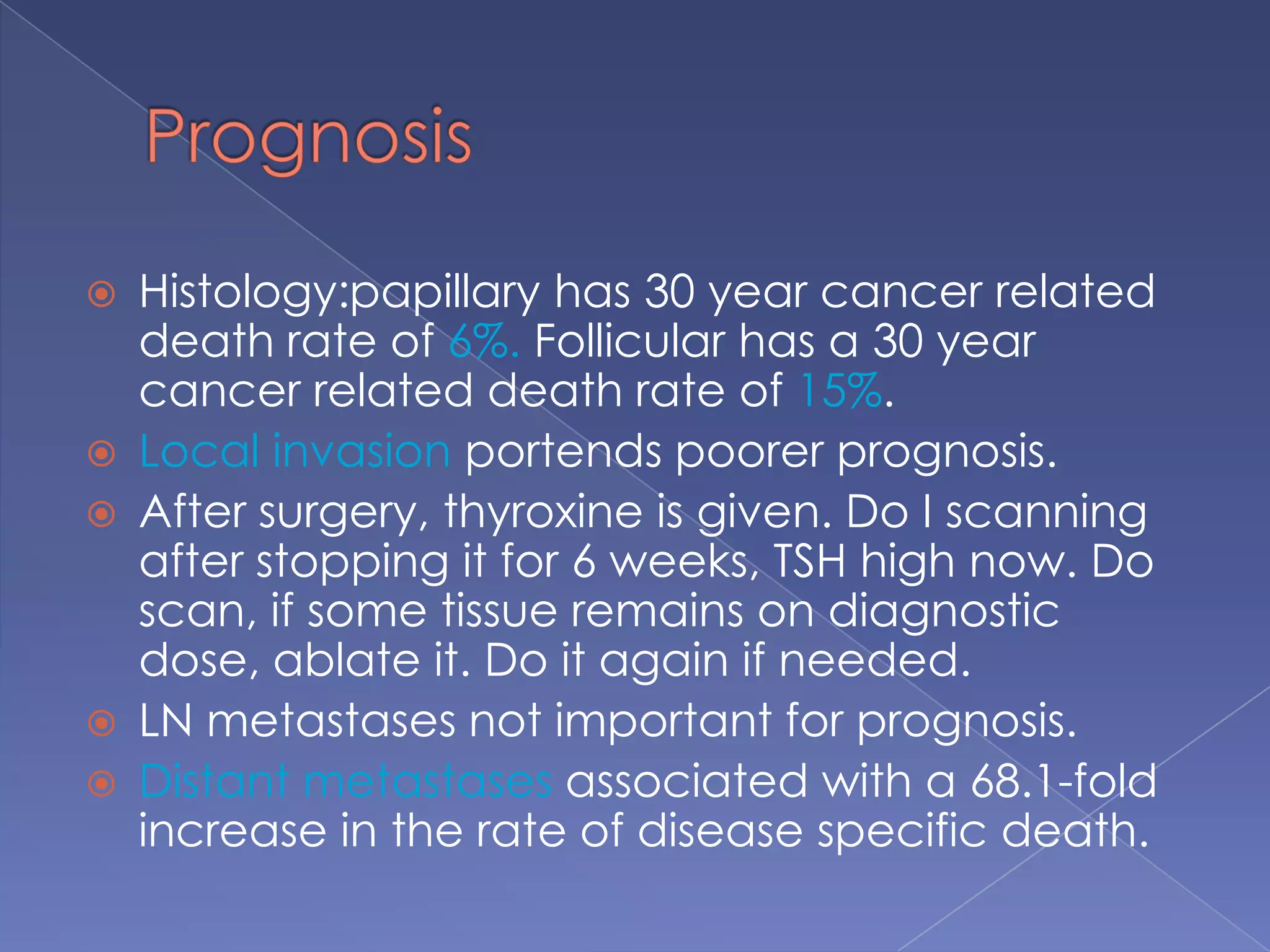 Papillary CarcinomaMost common (80%)Women 3 times more common30-40 years of ageFamilial alsoRadiation exposure as a childPatients with Hashimoto’s  thyroiditisSlow growing, TSH sensitive, take up iodine, TSH stimulation produces thryroglobulin response.