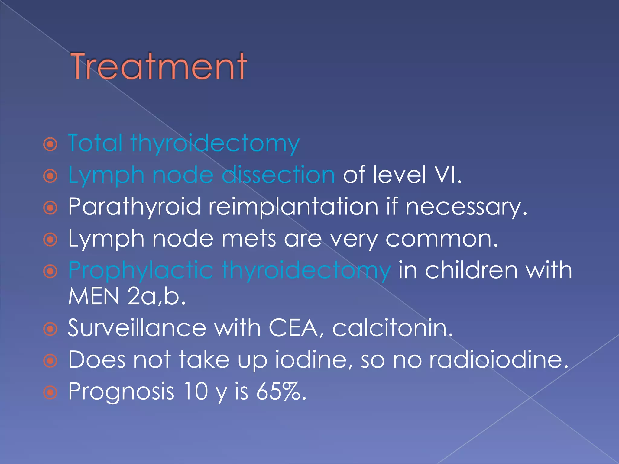 Follicular CarcinomaPathology: round, encapsulated, cystic changes, fibrosis, hemorrhages. Microscopically, neoplastic follicular cells.Differentiated from follicular adenomas by the presence of capsule invasion, vascular invasion.Cannot reliably diagnose basedon FNA.