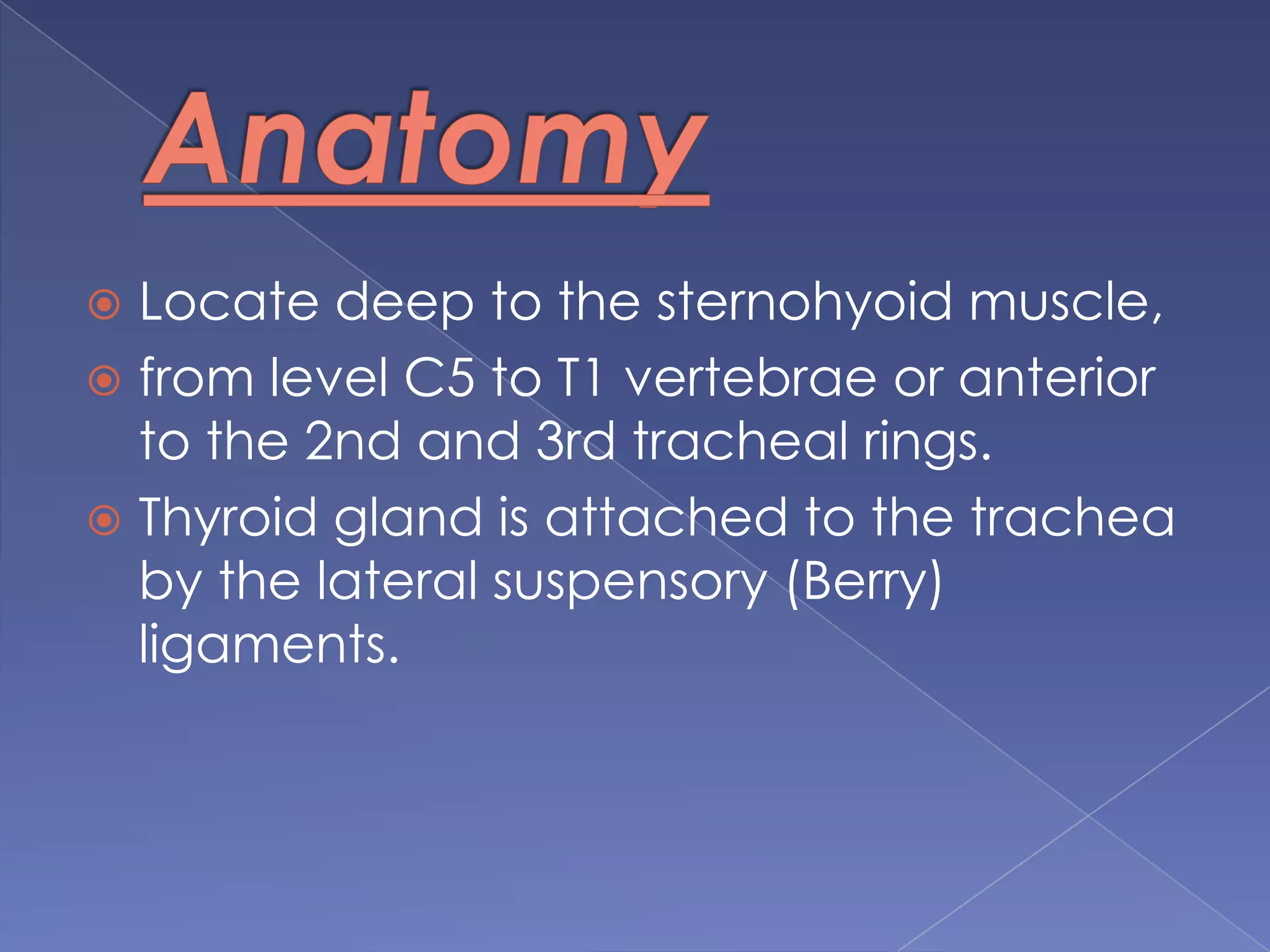AnatomyLocate deep to the sternohyoid muscle, from level C5 to T1 vertebrae or anterior to the 2nd and 3rd tracheal rings.Thyroid gland is attached to the trachea by the lateral suspensory (Berry) ligaments.