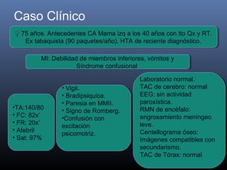 Caso Clínico
♀ 75 años. Antecedentes CA Mama izq a los 40 años con tto Qx y RT.
♀ 75 años. Antecedentes CA Mama izq a los 40 años con tto Qx y RT.
   Ex tabaquista (90 paquetes/año). HTA de reciente diagnóstico.
    Ex tabaquista (90 paquetes/año). HTA de reciente diagnóstico.

         MI: Debilidad de miembros inferiores, vómitos y
         MI: Debilidad de miembros inferiores, vómitos y
                      Síndrome confusional
                      Síndrome confusional

                                           Laboratorio normal.
                                            Laboratorio normal.
                ••Vigil.
                  Vigil.                   TAC de cerebro: normal
                                            TAC de cerebro: normal
                ••Bradipsiquica.
                  Bradipsiquica.           EEG: sin actividad
                                            EEG: sin actividad
                ••Paresia en MMII.
                  Paresia en MMII.         paroxística.
                                            paroxística.
••TA:140/80
 TA:140/80                                 RMN de encéfalo:
                                            RMN de encéfalo:
                ••Signo de Romberg.
                  Signo de Romberg.
••FC: 82x’
  FC: 82x’                                 engrosamiento meníngeo
                                            engrosamiento meníngeo
                ••Confusióncon
                 Confusión con
••FR: 20x’
  FR: 20x’                                 leve.
                                            leve.
                excitación
                 excitación
••Afebril
  Afebril                                  Centellograma óseo:
                                            Centellograma óseo:
                psicomotriz.
                 psicomotriz.
••Sat: 97%
  Sat: 97%                                 Imágenes compatibles con
                                            Imágenes compatibles con
                                           secundarismo.
                                            secundarismo.
                                           TAC de Tórax: normal
                                            TAC de Tórax: normal
 