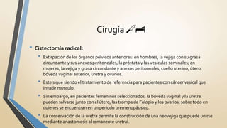 • Cistectomía radical:
• Extirpación de los órganos pélvicos anteriores: en hombres, la vejiga con su grasa
circundante y sus anexos peritoneales, la próstata y las vesículas seminales; en
mujeres, la vejiga y grasa circundante y anexos peritoneales, cuello uterino, útero,
bóveda vaginal anterior, uretra y ovarios.
• Este sigue siendo el tratamiento de referencia para pacientes con cáncer vesical que
invade musculo.
• Sin embargo, en pacientes femeninos seleccionados, la bóveda vaginal y la uretra
pueden salvarse junto con el útero, las trompa de Falopio y los ovarios, sobre todo en
quienes se encuentran en un periodo premenopáusico.
• La conservación de la uretra permite la construcción de una neovejiga que puede unirse
mediante anastomosis al remanente uretral.
Cirugía 🔪🏨
 