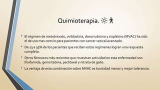• El régimen de metotrexato, vinblastina, doxorrubicina y cisplatino (MVAC) ha sido
el de uso mas común para pacientes con cancer vesical avanzado.
• De 13 a 35% de los pacientes que reciben estos regímenes logran una respuesta
completa.
• Otros fármacos más recientes que muestran actividad en esta enfermedad son
ifosfamida, gemcitabina, paclitaxel y nitrato de galio.
• La ventaja de esta combinación sobre MVAC es toxicidad menor y mejor tolerancia.
Quimioterapia. 🔆 🚶
 