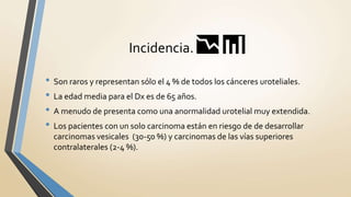 • Son raros y representan sólo el 4 % de todos los cánceres uroteliales.
• La edad media para el Dx es de 65 años.
• A menudo de presenta como una anormalidad urotelial muy extendida.
• Los pacientes con un solo carcinoma están en riesgo de de desarrollar
carcinomas vesicales (30-50 %) y carcinomas de las vías superiores
contralaterales (2-4 %).
Incidencia. 📉 📊
 