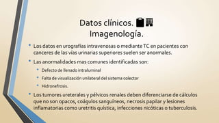 • Los datos en urografías intravenosas o medianteTC en pacientes con
canceres de las vías urinarias superiores suelen ser anormales.
• Las anormalidades mas comunes identificadas son:
• Defecto de llenado intraluminal
• Falta de visualización unilateral del sistema colector
• Hidronefrosis.
• Los tumores ureterales y pélvicos renales deben diferenciarse de cálculos
que no son opacos, coágulos sanguíneos, necrosis papilar y lesiones
inflamatorias como uretritis quística, infecciones nicóticas o tuberculosis.
Datos clínicos. 📋🏢
Imagenología.
 