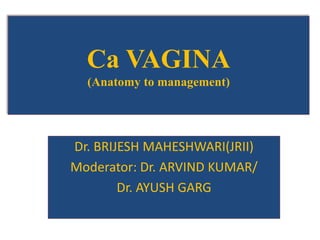 Ca VAGINA
(Anatomy to management)
Dr. BRIJESH MAHESHWARI(JRII)
Moderator: Dr. ARVIND KUMAR/
Dr. AYUSH GARG
 