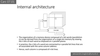 Carc 07.01
alessandro.bogliolo@uniurb.it
Internal architecture
• The organization of a memory device composed of n-bit words (parallelism
n) can be derived from the organization of a single-bit memory by viewing
the n bits of each word as disposed on n parallel planes
• In practice, the n bits of a word are connected to n parallel bit lines that are
all associated with the same column address
• Hence, each column is composed of n bit lines
 