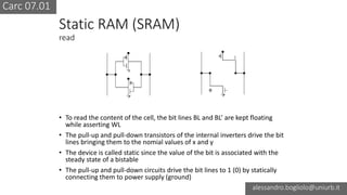 Carc 07.01
alessandro.bogliolo@uniurb.it
Static RAM (SRAM)
read
• To read the content of the cell, the bit lines BL and BL’ are kept floating
while asserting WL
• The pull-up and pull-down transistors of the internal inverters drive the bit
lines bringing them to the nomial values of x and y
• The device is called static since the value of the bit is associated with the
steady state of a bistable
• The pull-up and pull-down circuits drive the bit lines to 1 (0) by statically
connecting them to power supply (ground)
 