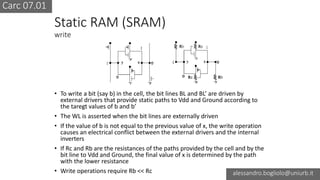 Carc 07.01
alessandro.bogliolo@uniurb.it
Static RAM (SRAM)
write
• To write a bit (say b) in the cell, the bit lines BL and BL’ are driven by
external drivers that provide static paths to Vdd and Ground according to
the taregt values of b and b’
• The WL is asserted when the bit lines are externally driven
• If the value of b is not equal to the previous value of x, the write operation
causes an electrical conflict between the external drivers and the internal
inverters
• If Rc and Rb are the resistances of the paths provided by the cell and by the
bit line to Vdd and Ground, the final value of x is determined by the path
with the lower resistance
• Write operations require Rb << Rc
 