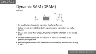 Carc 07.01
alessandro.bogliolo@uniurb.it
Dynamic RAM (DRAM)
refresh
• An ideal isolated capacitor can store its charge forever.
• Actual circuits are not ideal: both capacitors and transistors are leaky
devices
• DRAM cells loose their charge, thus impairing the retention of the stored
data
• In order not to loose data, the content of a DRAM cell need to be
periodically refreshed
• Refreshing the content of a DRAM cell entails reading its value and writing
it back
 