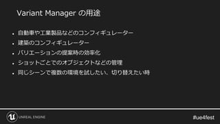Variant Manager の用途
● 自動車や工業製品などのコンフィギュレーター
● 建築のコンフィギュレーター
● バリエーションの提案時の効率化
● ショットごとでのオブジェクトなどの管理
● 同じシーンで複数の環境を試したい、切り替えたい時
 