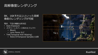 高解像度レンダリング
8K、16Kそれ以上といった高解
像度のレンダリングが可能
現状、下記の機能は非対応
• Auto-Exposure
• スクリーンスペース系のエフェクト
• Bloom
• Lens Flares など
• TAA(Temporal Anti-Aliasing)
• 先ほどのTemporal Sampleとは別
 