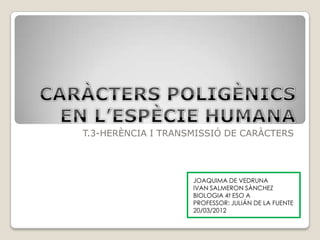T.3-HERÈNCIA I TRANSMISSIÓ DE CARÀCTERS




                    JOAQUIMA DE VEDRUNA
                    IVAN SALMERON SÀNCHEZ
                    BIOLOGIA 4t ESO A
                    PROFESSOR: JULIÁN DE LA FUENTE
                    20/03/2012
 
