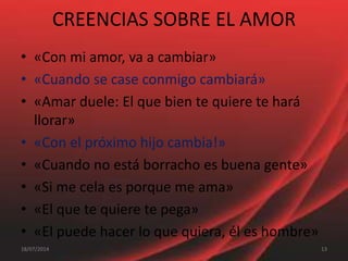 CREENCIAS SOBRE EL AMOR
• «Con mi amor, va a cambiar»
• «Cuando se case conmigo cambiará»
• «Amar duele: El que bien te quiere te hará
llorar»
• «Con el próximo hijo cambia!»
• «Cuando no está borracho es buena gente»
• «Si me cela es porque me ama»
• «El que te quiere te pega»
• «El puede hacer lo que quiera, él es hombre»
1318/07/2014
 