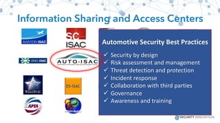 Information Sharing and Access Centers
Automotive	Security	Best	Practices
ü Security	by	design
ü Risk	assessment	and	management
ü Threat	detection	and	protection
ü Incident	response
ü Collaboration	with	third	parties	
ü Governance
ü Awareness	and	training
 