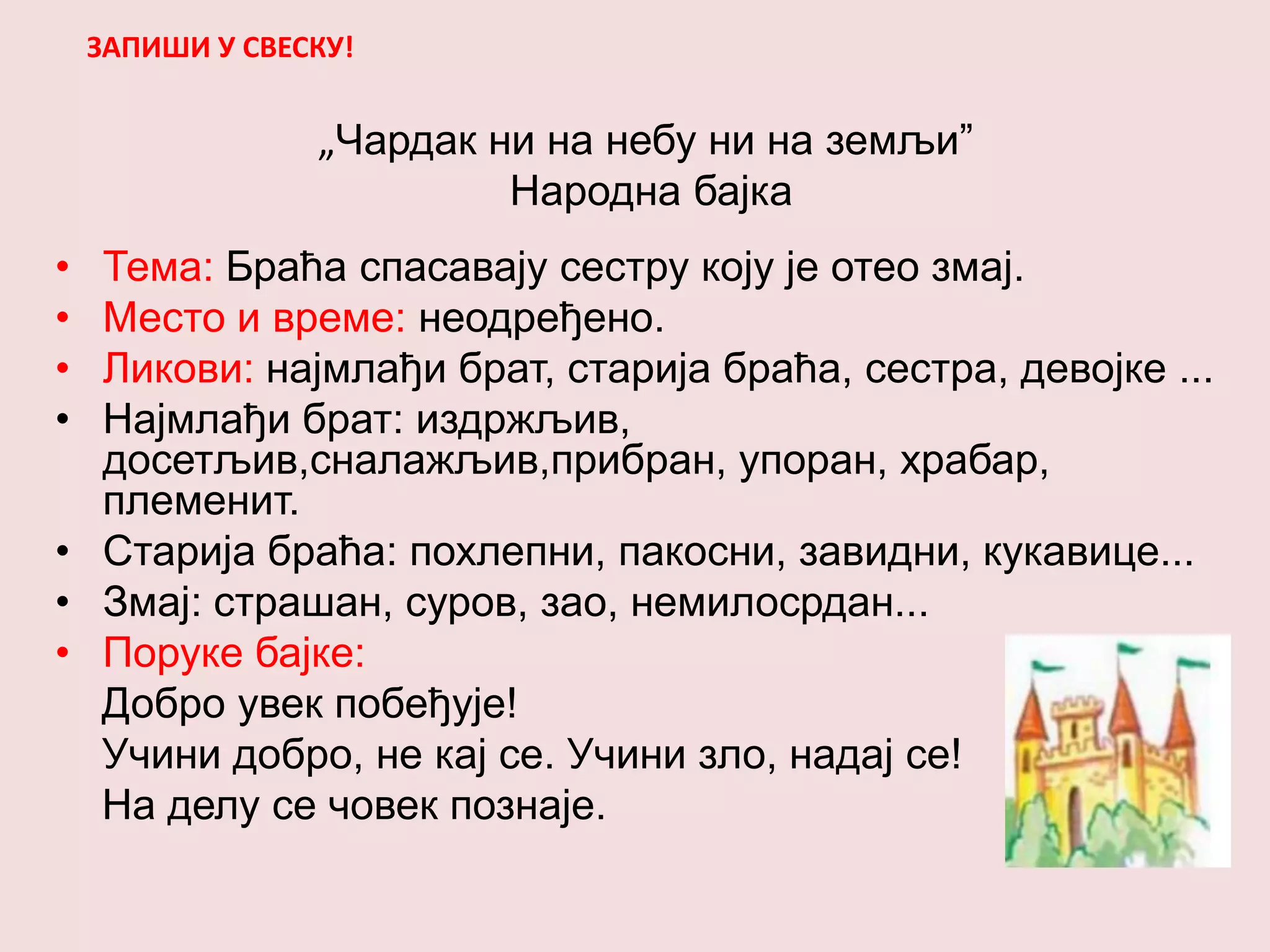 „Чардак ни на небу ни на земљи”
Народна бајка
• Тема: Браћа спасавају сестру коју је отео змај.
• Место и време: неодређено.
• Ликови: најмлађи брат, старија браћа, сестра, девојке ...
• Најмлађи брат: издржљив,
досетљив,сналажљив,прибран, упоран, храбар,
племенит.
• Старија браћа: похлепни, пакосни, завидни, кукавице...
• Змај: страшан, суров, зао, немилосрдан...
• Поруке бајке:
Добро увек побеђује!
Учини добро, не кај се. Учини зло, надај се!
На делу се човек познаје.
ЗАПИШИ У СВЕСКУ!
 