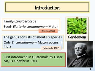 Introduction
Family- Zingiberaceae
Seed- Elettaria cardamomum Maton
The genus consists of about six species
Only E. cardamomum Maton occurs in
India
First introduced in Guatemala by Oscar
Majus Kloeffer in 1914.
(Morsy, 2015)
(Mabberly, 1987)
3
 