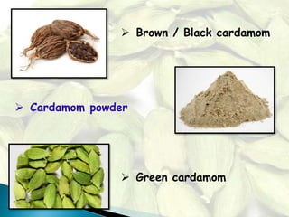  Brown / Black cardamom
 Cardamom powder
 Green cardamom
 