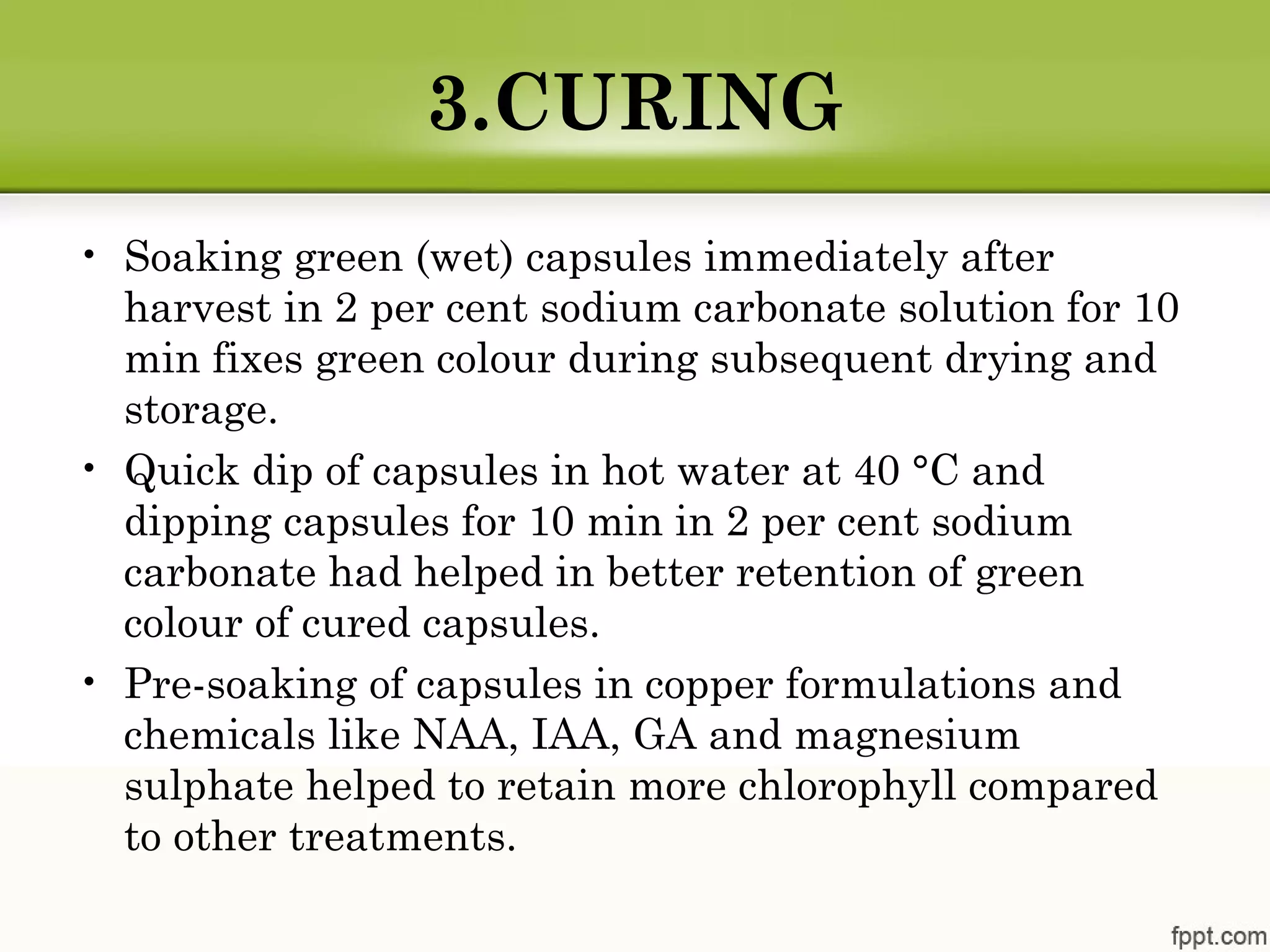 3.CURING
• Soaking green (wet) capsules immediately after
harvest in 2 per cent sodium carbonate solution for 10
min fixes green colour during subsequent drying and
storage.
• Quick dip of capsules in hot water at 40 °C and
dipping capsules for 10 min in 2 per cent sodium
carbonate had helped in better retention of green
colour of cured capsules.
• Pre-soaking of capsules in copper formulations and
chemicals like NAA, IAA, GA and magnesium
sulphate helped to retain more chlorophyll compared
to other treatments.
 